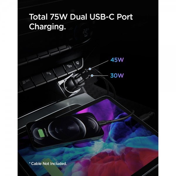 Spigen Billaddare PowerArc ArcStation Dual Port 75W Svart