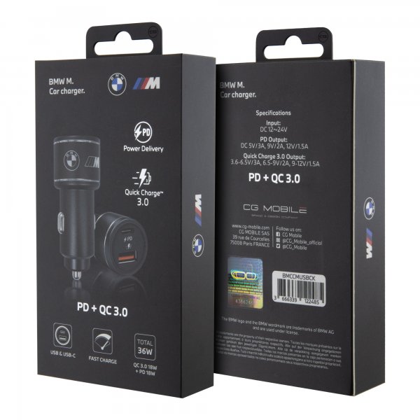 BMW Billaddare M Car Charger USB-A/USB-C PD + QC 3.0 36W