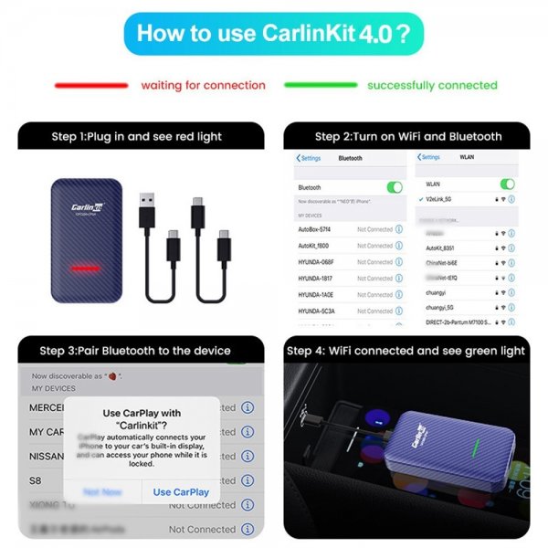 Carlinkit 4.0 Apple Carplay/Android Auto Trådlös Adapter