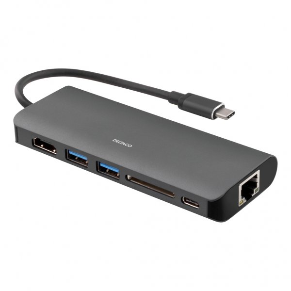 Deltaco Dockningsstation USB-C med HDMI/RJ45/USB-C Svart
