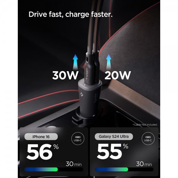 Spigen Essential Billaddare 50W 2xUSB-C Svart