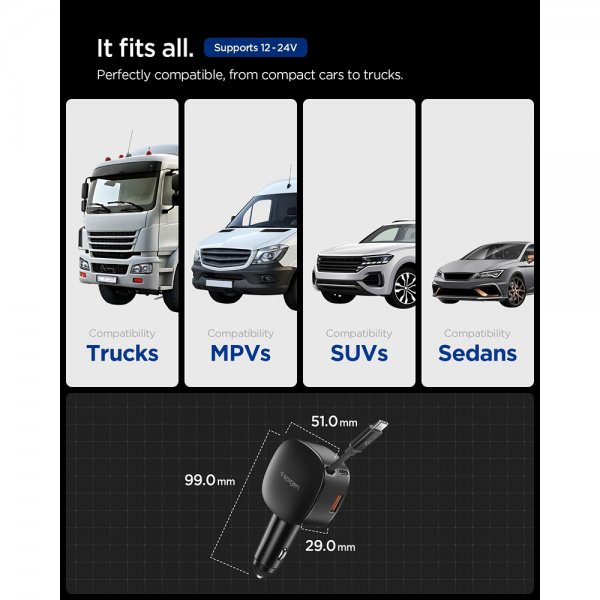 Spigen Essential Billaddare med inbyggd Kabel 60W Svart