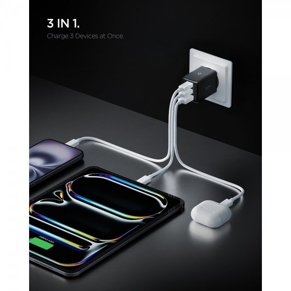 Spigen Essential Laddare 47W 2xUSB-C 1xUSB-A Svart