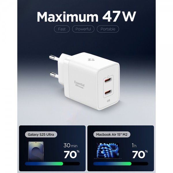 Spigen Essential Laddare 47W 2xUSB-C Vit