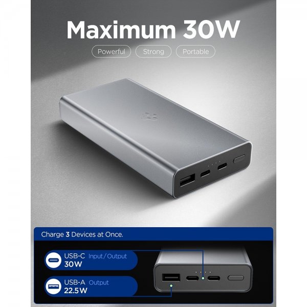 Spigen Essential Powerbank 20 000 mAh 30W Grå