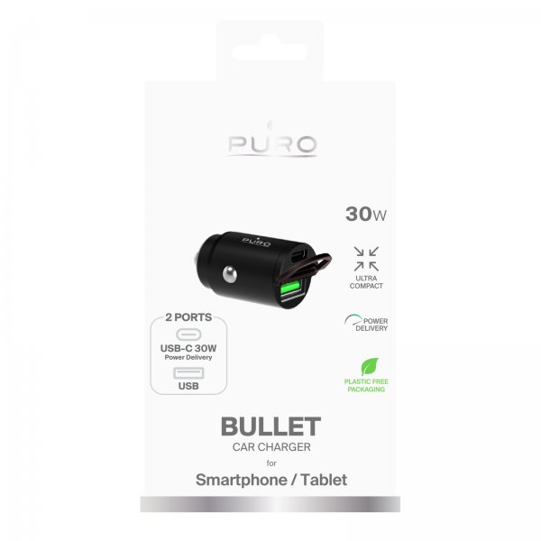 Puro Billaddare Bullet 30W USB-C/USB-A Svart