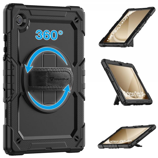Armor-X Samsung Galaxy Tab A9 Plus Skal Rainproof Rugged Case Hand Strap Kickstand Svart