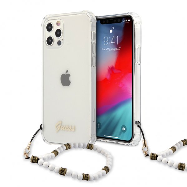 Guess iPhone 12 Pro Max Skal Script & Pearls Vit Klar