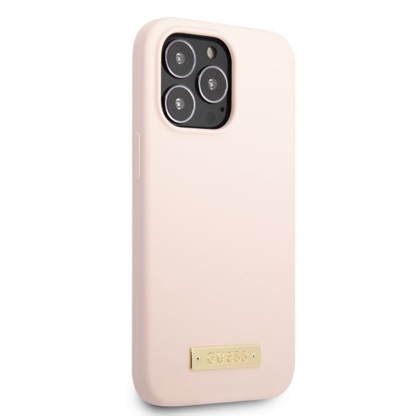 Guess iPhone 13 Pro Skal Silicone Metal Plate MagSafe Rosa