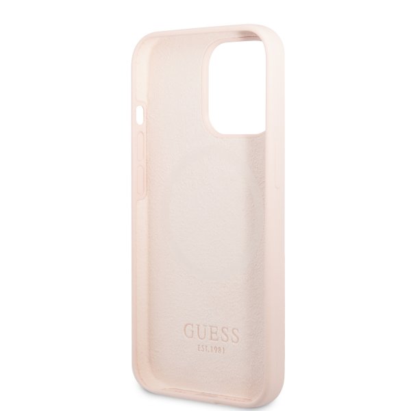 Guess iPhone 13 Pro Skal Silicone Metal Plate MagSafe Rosa