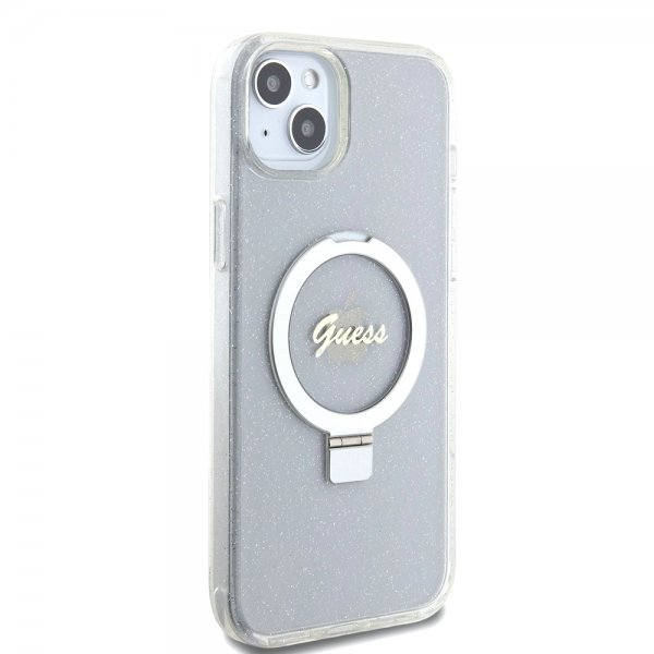 Guess iPhone 15 Plus Skal Ring Stand Glitter MagSafe Transparent