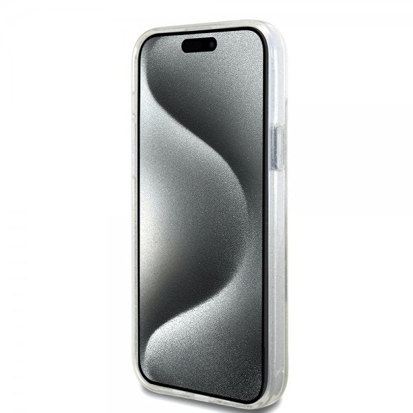 Guess iPhone 15 Plus Skal Ring Stand Glitter MagSafe Transparent