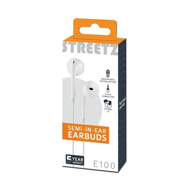 Streetz Hörlurar E100 Semi-In-Ear Earbuds 3.5mm Vit
