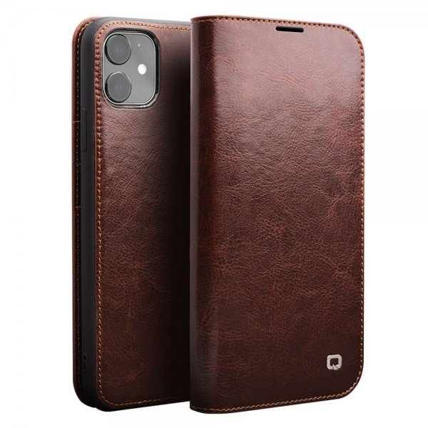 Qialino iPhone 11 Fodral Äkta Läder Kortfack Brun