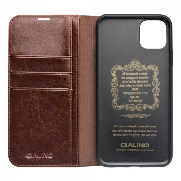 Qialino iPhone 11 Fodral Äkta Läder Kortfack Brun