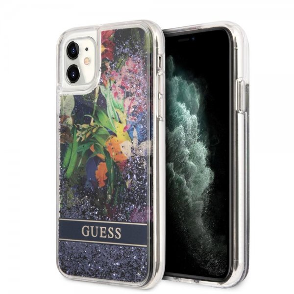 Guess iPhone 11 Skal Liquid Glitter Flower Pattern Blå