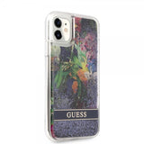 Guess iPhone 11 Skal Liquid Glitter Flower Pattern Blå