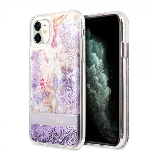 Guess iPhone 11 Skal Liquid Glitter Flower Pattern Lila