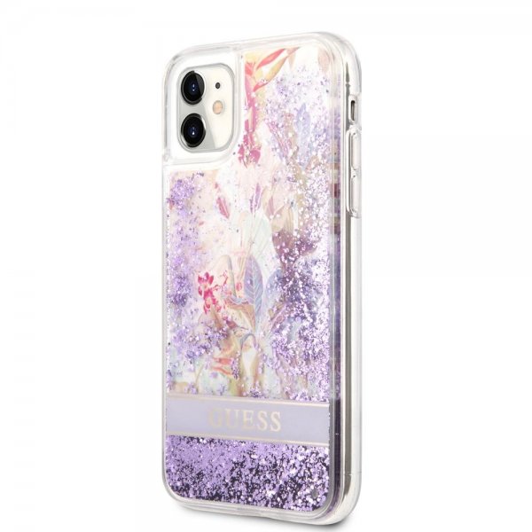 Guess iPhone 11 Skal Liquid Glitter Flower Pattern Lila