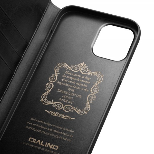 Qialino iPhone 12/iPhone 12 Pro Fodral Äkta Läder Svart
