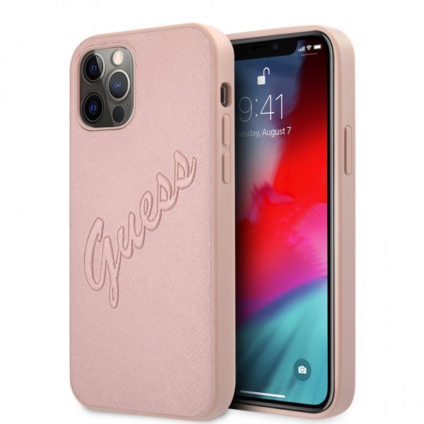 Guess iPhone 12/iPhone 12 Pro Skal Saffiano Vintage Script Roseguld