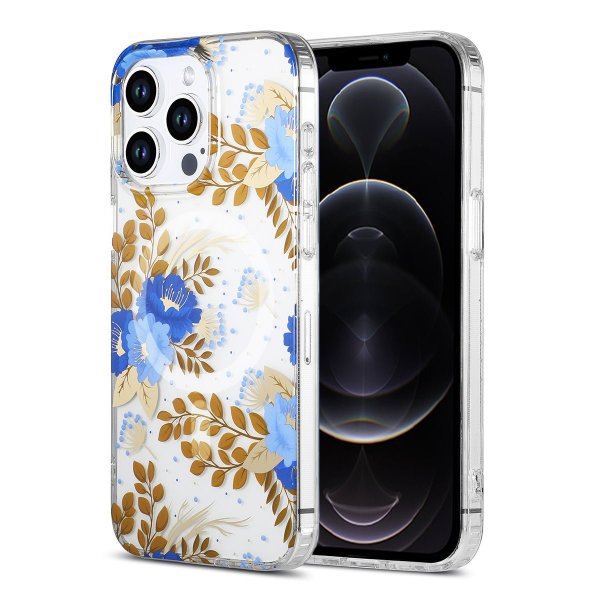 iPhone 12/iPhone 12 Pro Skal Blommönster MagSafe Blå Guld