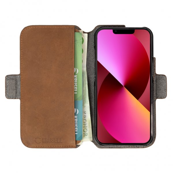 Krusell iPhone 13 Fodral Leather PhoneWallet Cognac
