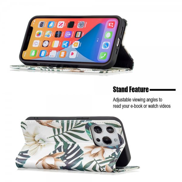 iPhone 13 Pro Fodral Flip Motiv Blad och Blommor