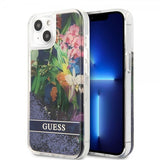 Guess iPhone 13 Mini Skal Liquid Glitter Flower Pattern Blå