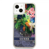 Guess iPhone 13 Mini Skal Liquid Glitter Flower Pattern Blå