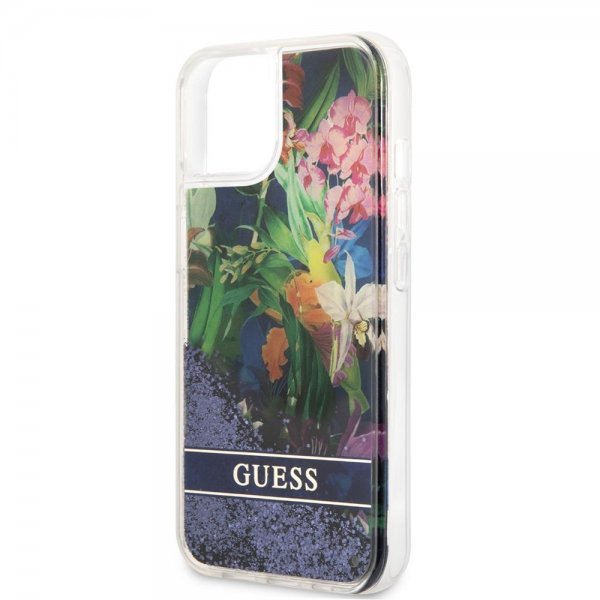 Guess iPhone 13 Mini Skal Liquid Glitter Flower Pattern Blå