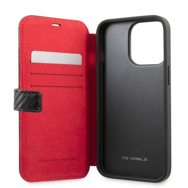 Ferrari iPhone 13 Pro Fodral Carbon Effect Metal Logo Vertical Stripe Svart
