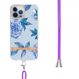 iPhone 13 Pro Max Skal Blommönster Strap Blåa Pioner