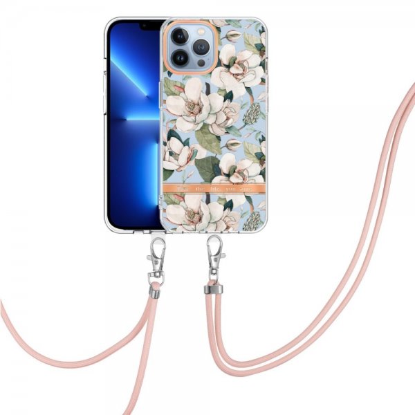 iPhone 13 Pro Max Skal Blommönster Strap Grön Gardenia