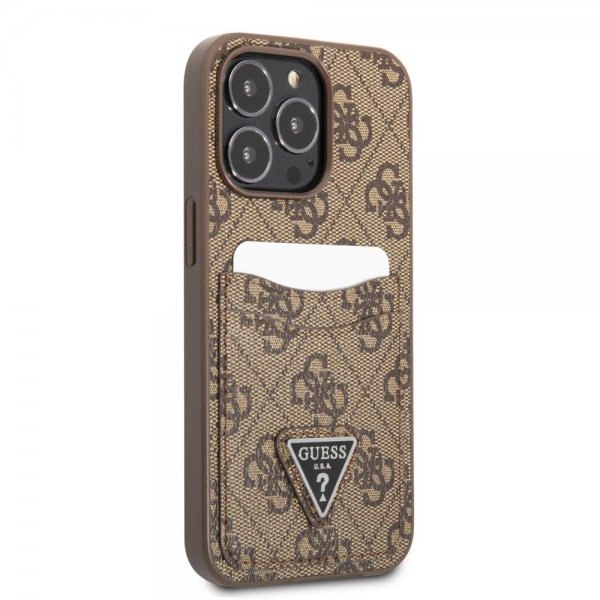 Guess iPhone 13 Pro Max Skal Double Cardslot Metal Triangle Brun