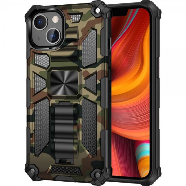 iPhone 13 Pro Skal med Metallplatta Stativfunktion Camouflage Grön