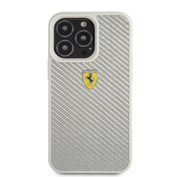 Ferrari iPhone 13 Pro Max Skal Real Carbon Metal Logo Silver
