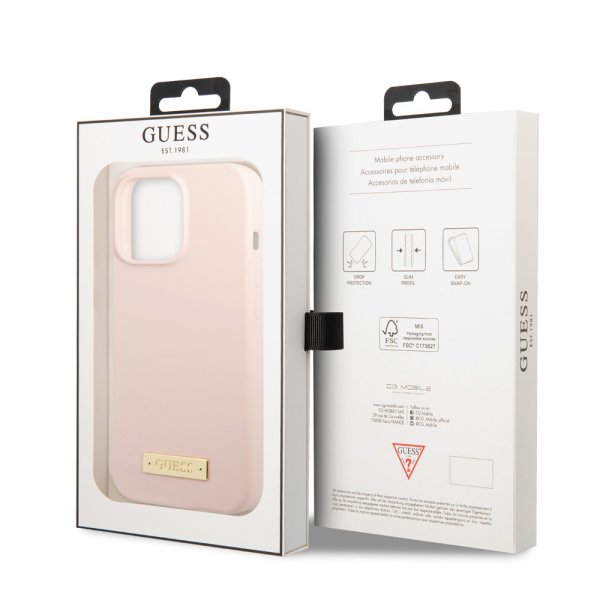 Guess iPhone 13 Pro Max Skal Silicone Metal Plate MagSafe Rosa