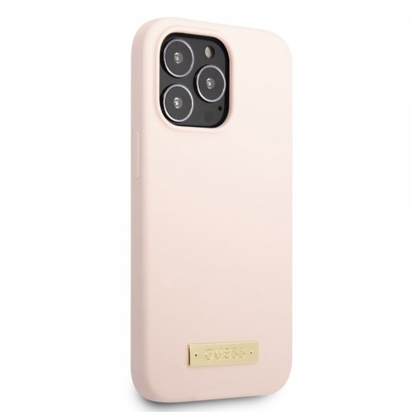 Guess iPhone 13 Pro Max Skal Silicone Metal Plate MagSafe Rosa
