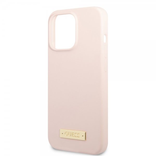 Guess iPhone 13 Pro Max Skal Silicone Metal Plate MagSafe Rosa
