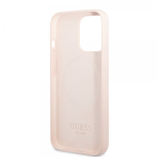 Guess iPhone 13 Pro Max Skal Silicone Metal Plate MagSafe Rosa