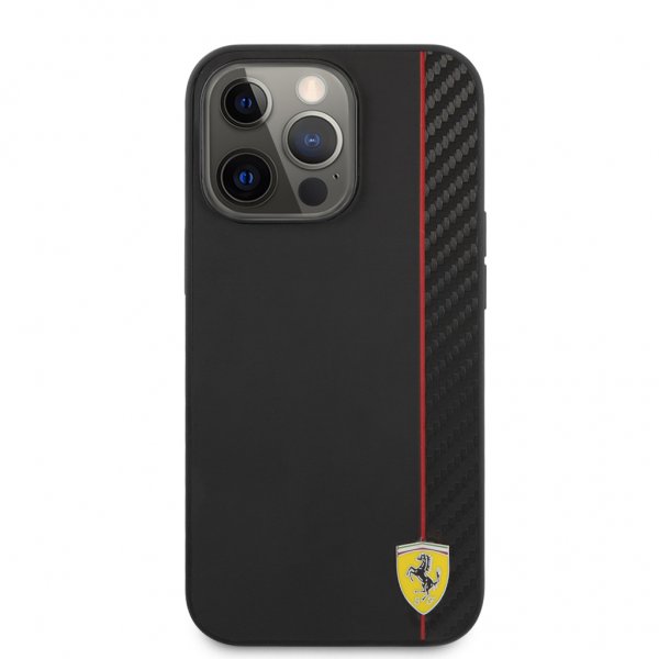 Ferrari iPhone 13 Pro Skal Carbon Effect Metal Logo Vertical Stripe Svart