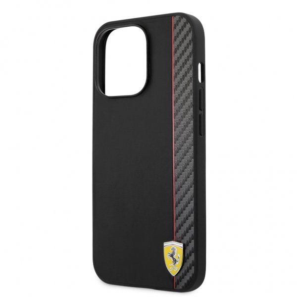 Ferrari iPhone 13 Pro Skal Carbon Effect Metal Logo Vertical Stripe Svart