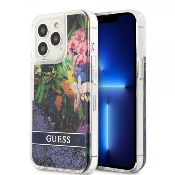 Guess iPhone 13 Pro Skal Liquid Glitter Flower Pattern Blå