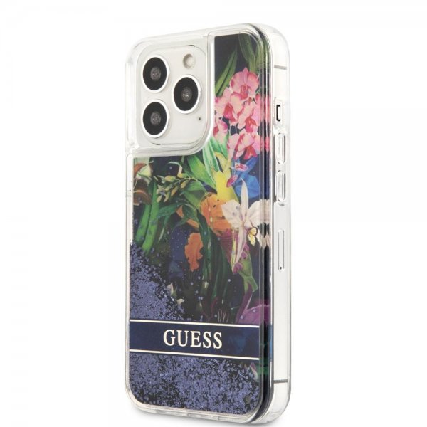 Guess iPhone 13 Pro Skal Liquid Glitter Flower Pattern Blå