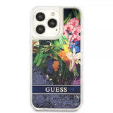 Guess iPhone 13 Pro Skal Liquid Glitter Flower Pattern Blå