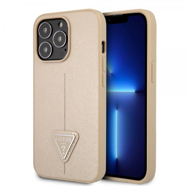 Guess iPhone 13 Pro Skal Saffiano Metal Triangle Beige