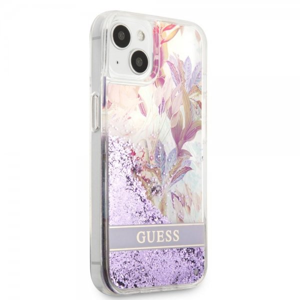 Guess iPhone 13 Skal Liquid Glitter Flower Pattern Lila