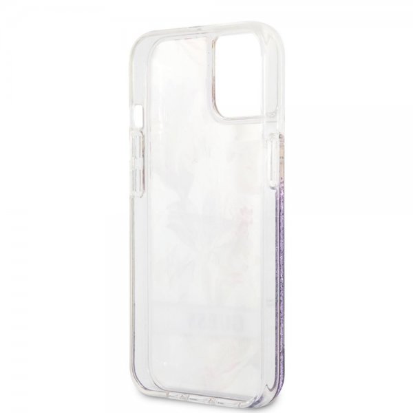 Guess iPhone 13 Skal Liquid Glitter Flower Pattern Lila