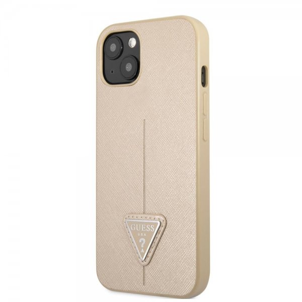 Guess iPhone 13 Skal Saffiano Metal Triangle Beige